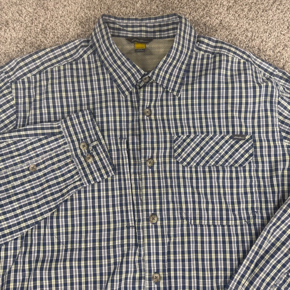 Eddie Bauer Travex Shirt Mens L Blue Plaid Vented Roll-Tab Long Sleeve Hiking